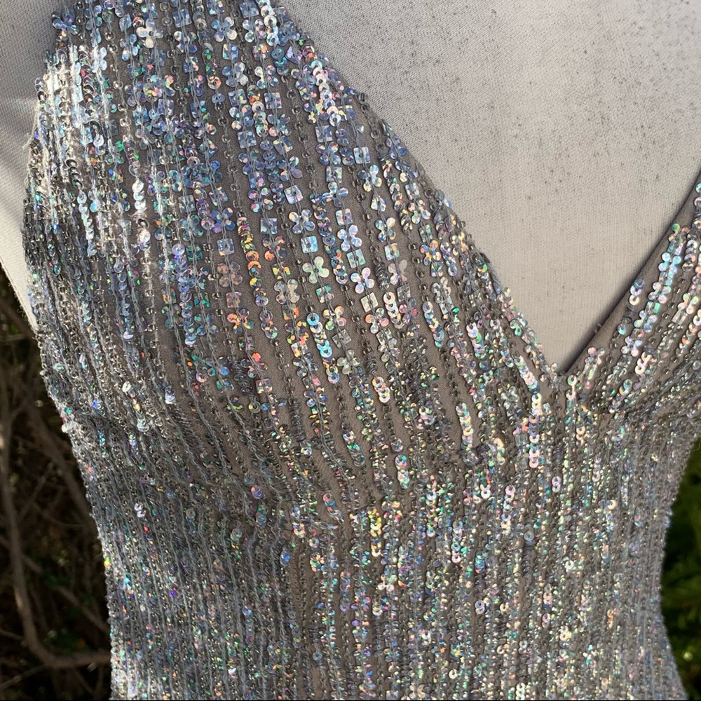 Scala Sequenced Silver Spaghetti Strap Evening Dr… - image 4